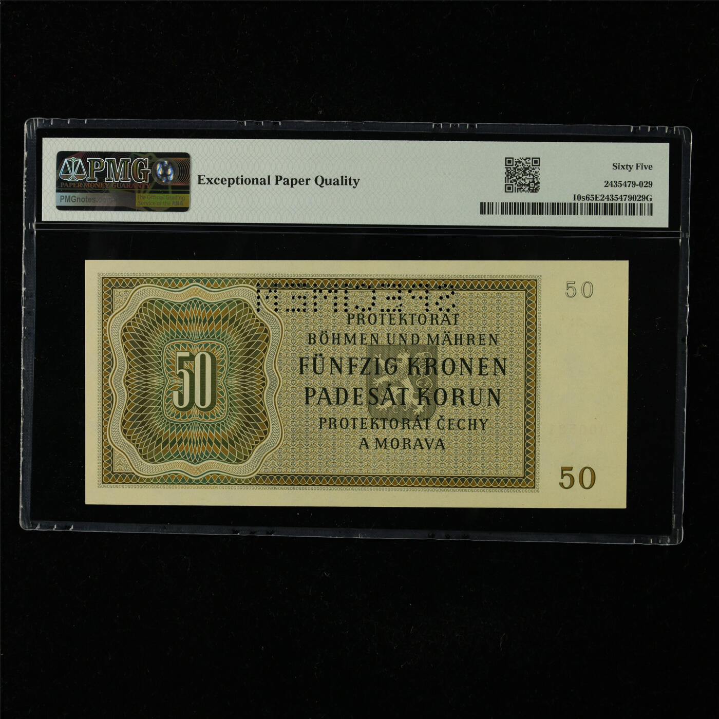 【亘邦集藏】第227期拍卖 1944年 波西米亚和摩拉维亚样钞50克朗 PMG 65EPQ S.34A 000521