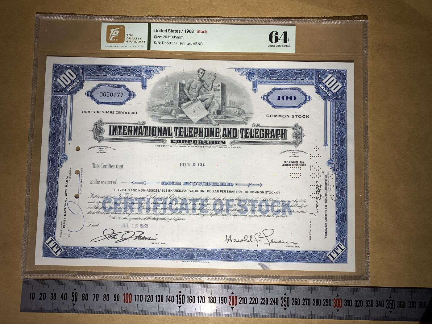 【礼羽收藏】🌏世界钱币拍卖第132期 【D650177】1968年国际电话电报公司（ITT）100股普通股凭证，每股面值1美元，评级TQG64分，保存状态很好
