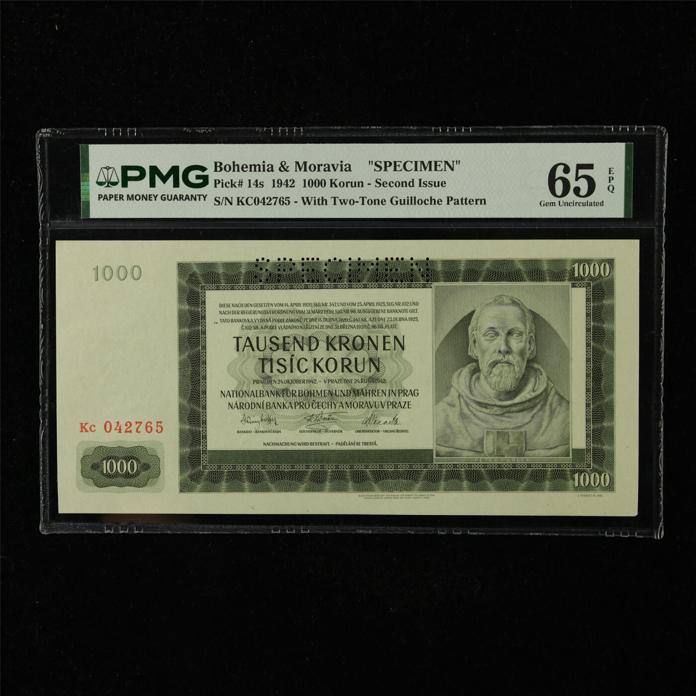 【亘邦集藏】第227期拍卖 1942年 波西米亚和摩拉维亚样钞1000克朗 PMG 65EPQ KC042765
