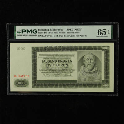 【亘邦集藏】第227期拍卖 - 1942年 波西米亚和摩拉维亚样钞1000克朗 PMG 65EPQ KC042765