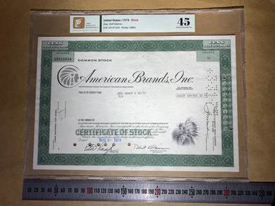 【礼羽收藏】🌏世界钱币拍卖第132期 - 【V0101034】1974年美国American Brands公司10股普通股凭证，每股面值30美元，V冠，全小号，TGG45 VF 评级