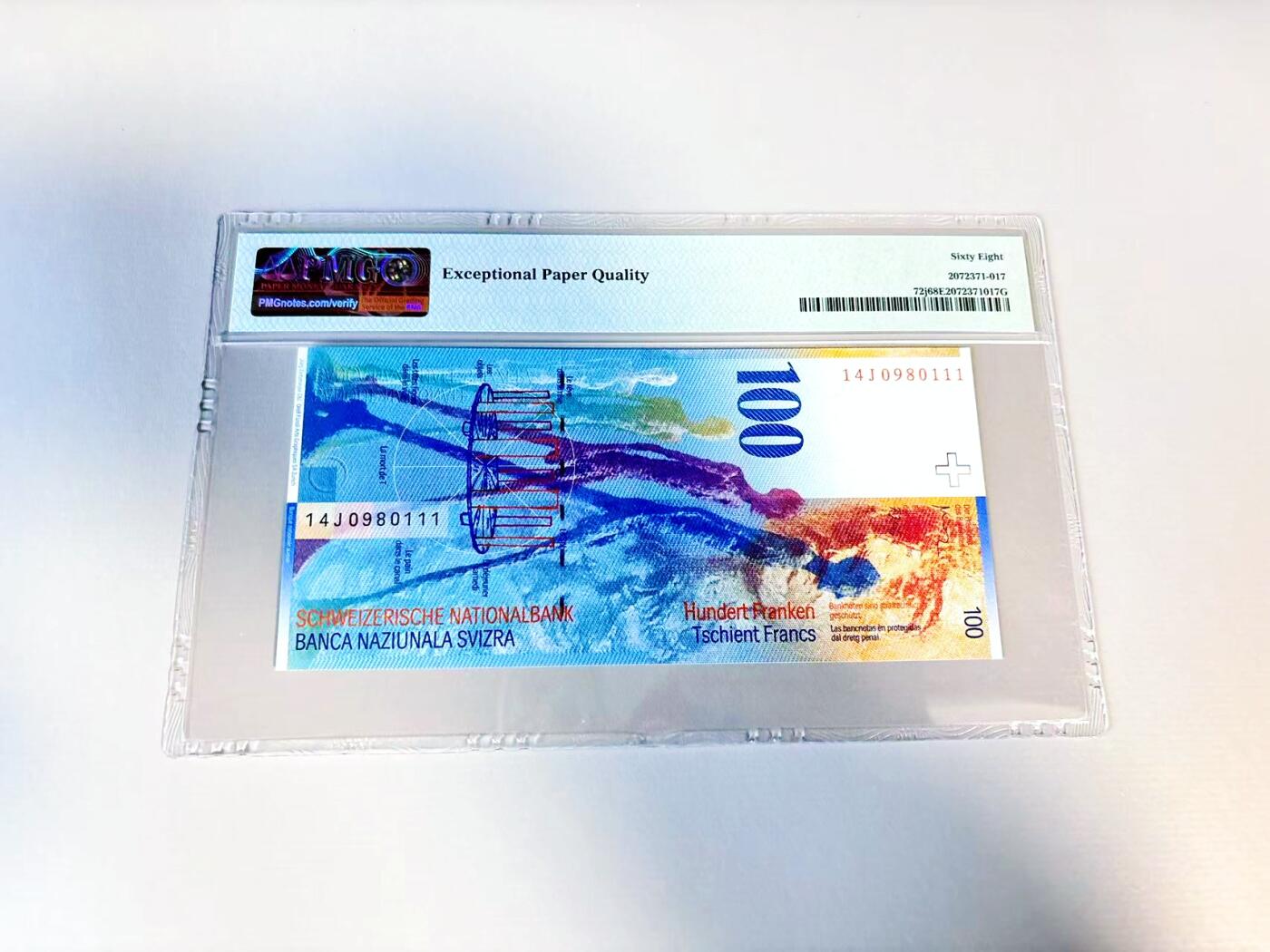 【Blue Auction】世界纸币精拍第807期——18级TOP拍卖/信誉/品质/专业/高效💫 【111豹子号 倒置号】瑞士 2014年100法郎PMG68EPQ高分