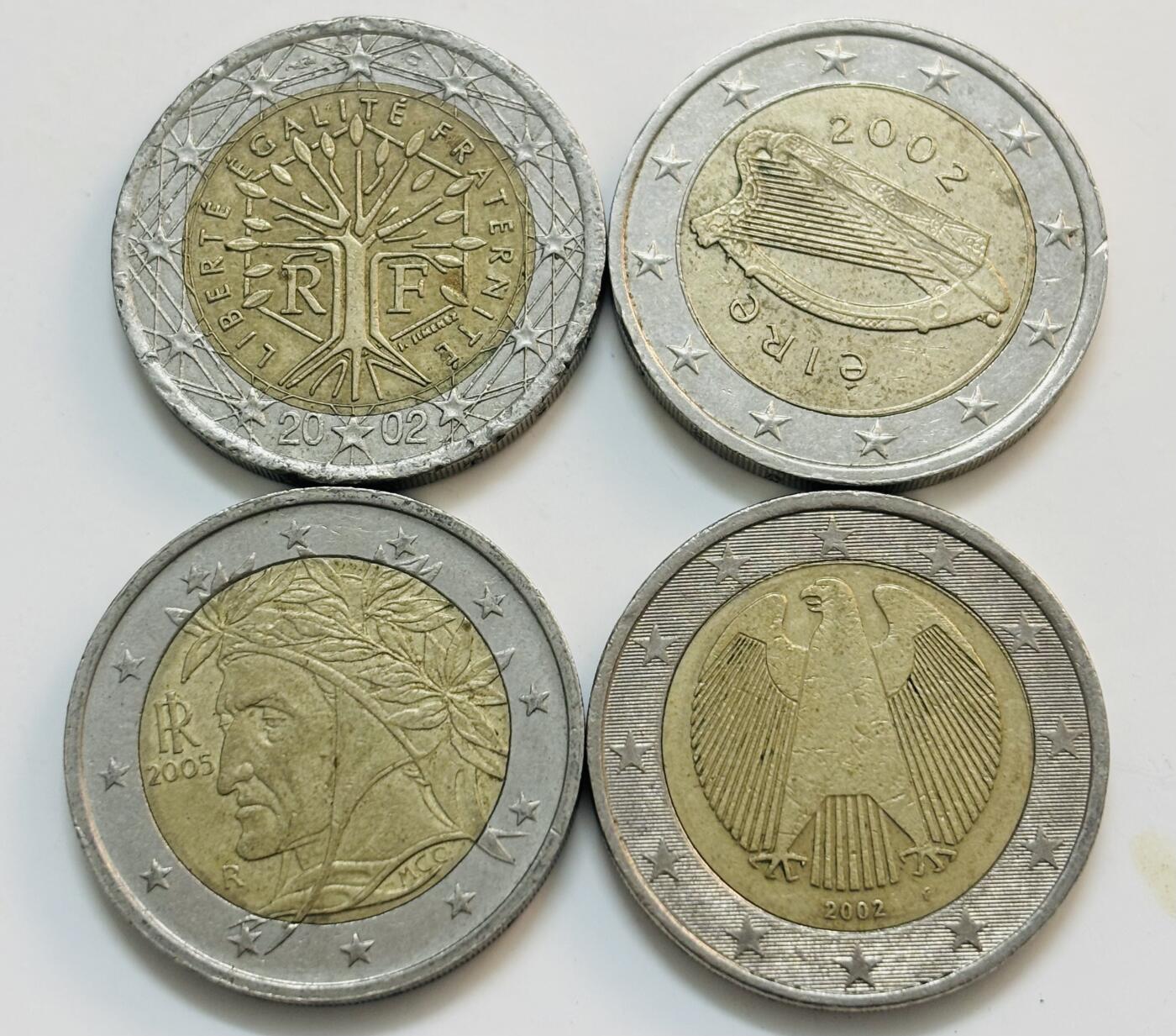 文馨钱币收藏第 299 场，长期接代拍业务 好品欧盟 4 国 2 欧元，折合人民币 63.9 元