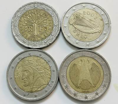 文馨钱币收藏第 299 场，长期接代拍业务 - 好品欧盟 4 国 2 欧元，折合人民币 63.9 元