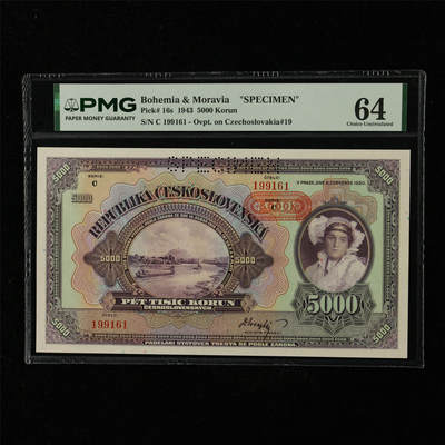 【亘邦集藏】第227期拍卖 - 1943年 波西米亚和摩拉维亚样钞5000克朗 PMG 64 C 199161