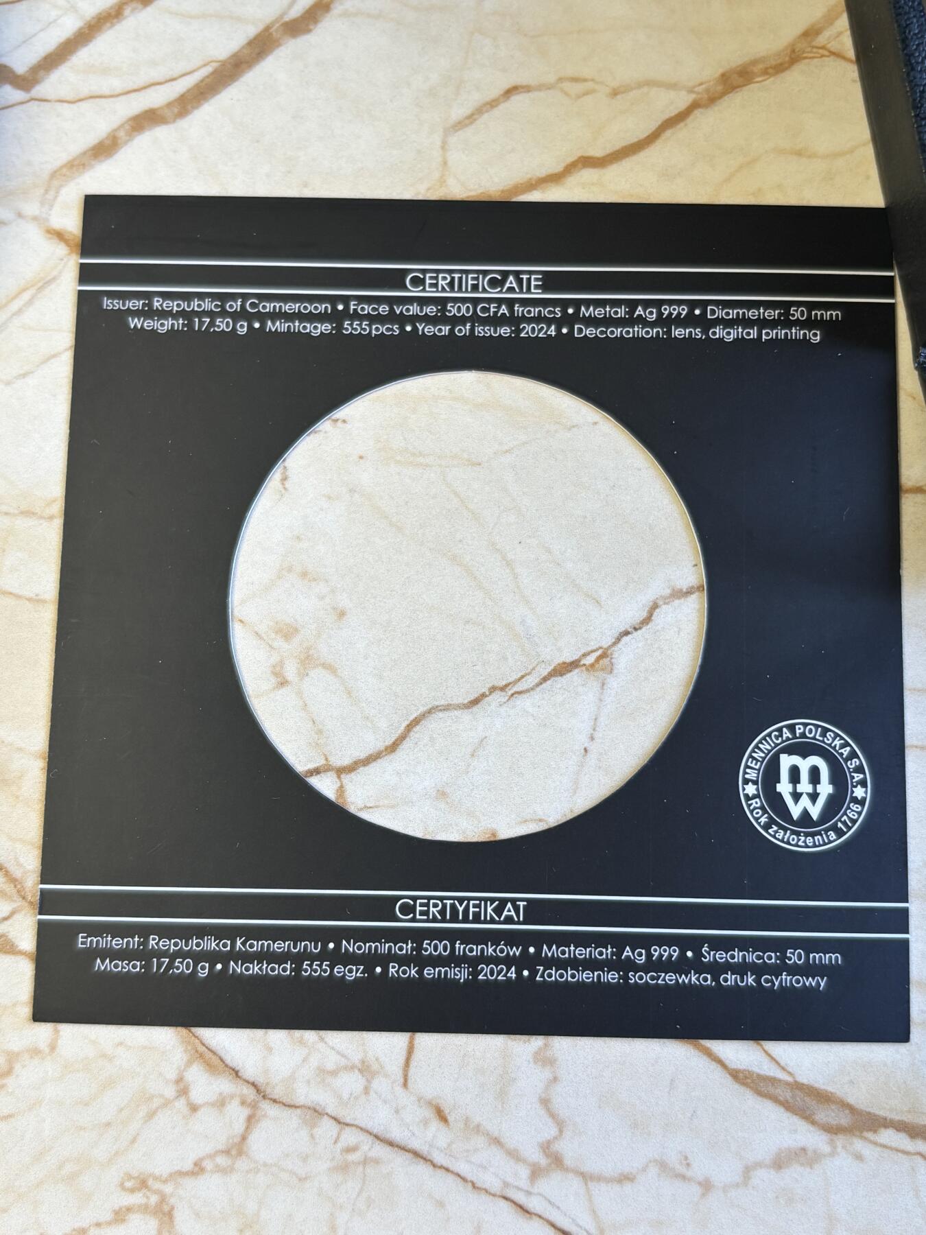 第197期拍卖 喀麦隆2024年自然之美系列阿波罗绢蝶彩色纪念银币，999银，17.5克，发行555枚，有起泡