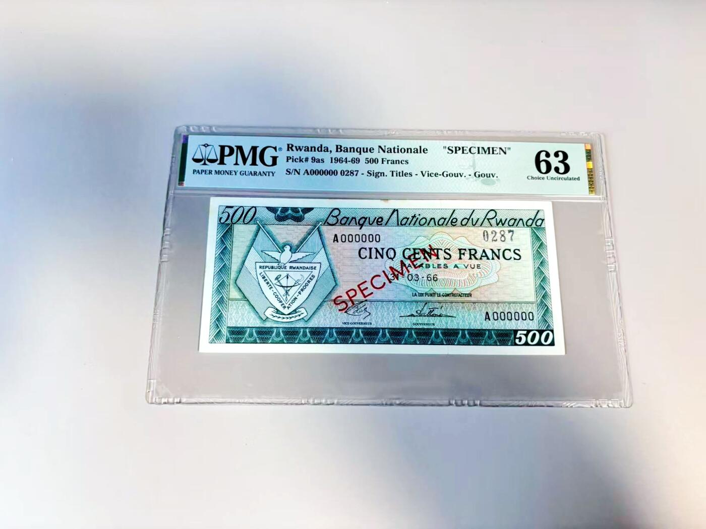 【Blue Auction】世界纸币精拍第807期——18级TOP拍卖/信誉/品质/专业/高效💫 【样钞】卢旺达 1966年500法郎 PMG63