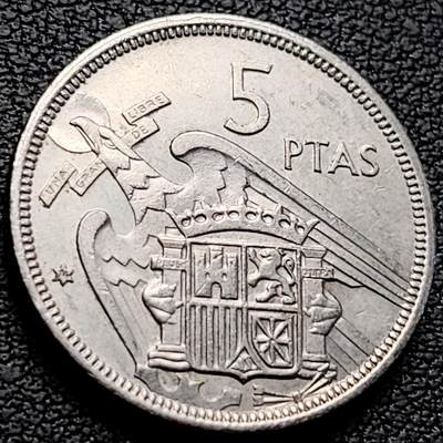 泉币菌-第223场-拍品多 请提前出价(工作原因  发货比较迟缓 已在拍卖规则里面说明 望理解) - 1957年 西班牙5比塞塔 直径23mm 弗朗哥鹰徽 