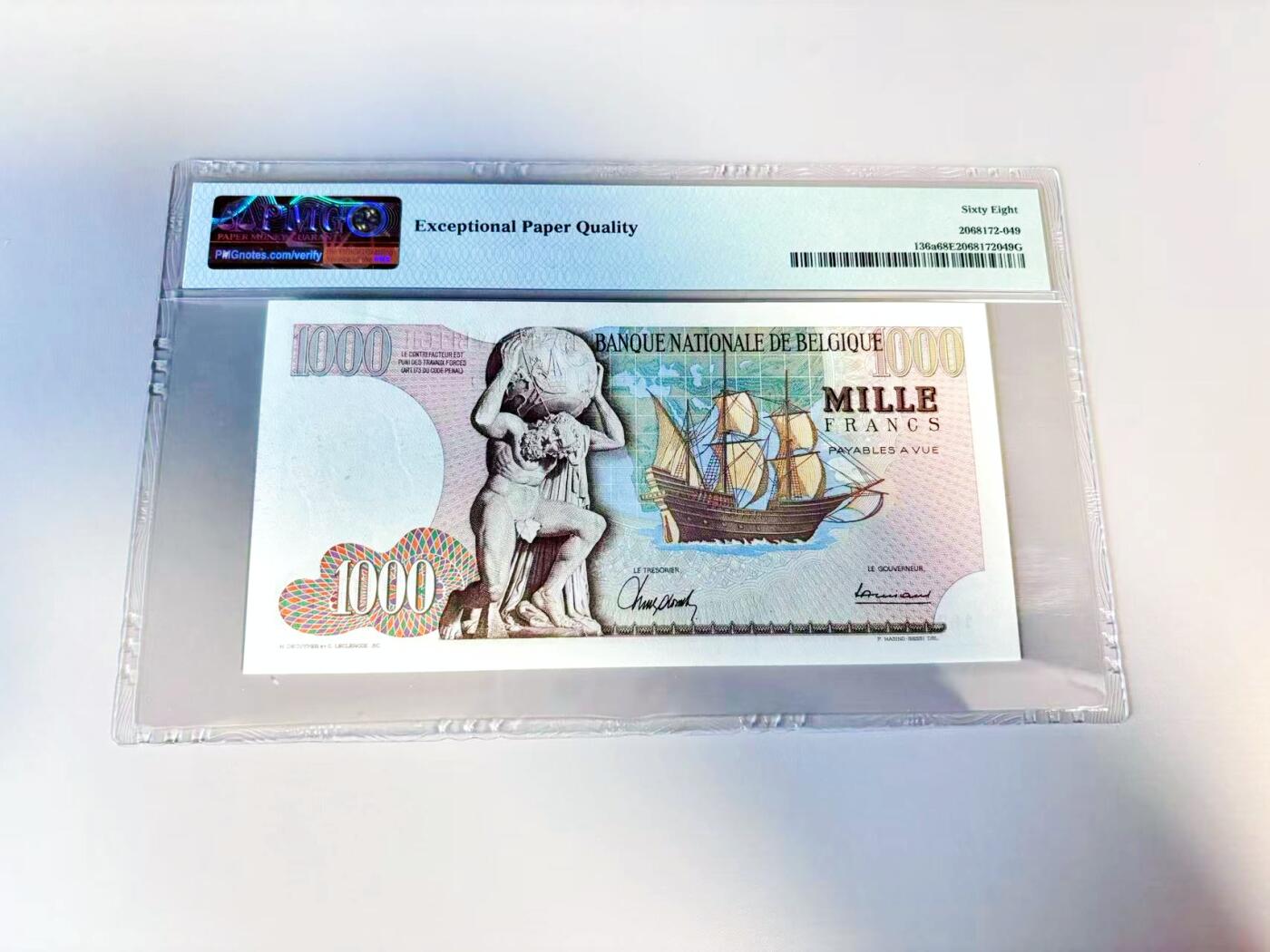 【Blue Auction】世界纸币精拍第807期——18级TOP拍卖/信誉/品质/专业/高效💫 【冠军分 仅4张 无47】比利时 1966年1000法郎 大力神 PMG68EPQ高分