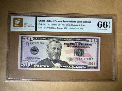 【礼羽收藏】🌏世界钱币拍卖第132期 - 【PL59797888A】2017年美国联邦储备银行50美元纸币，L12冠，无4尾888 豹子号，TQG66 EPQ 高分评级