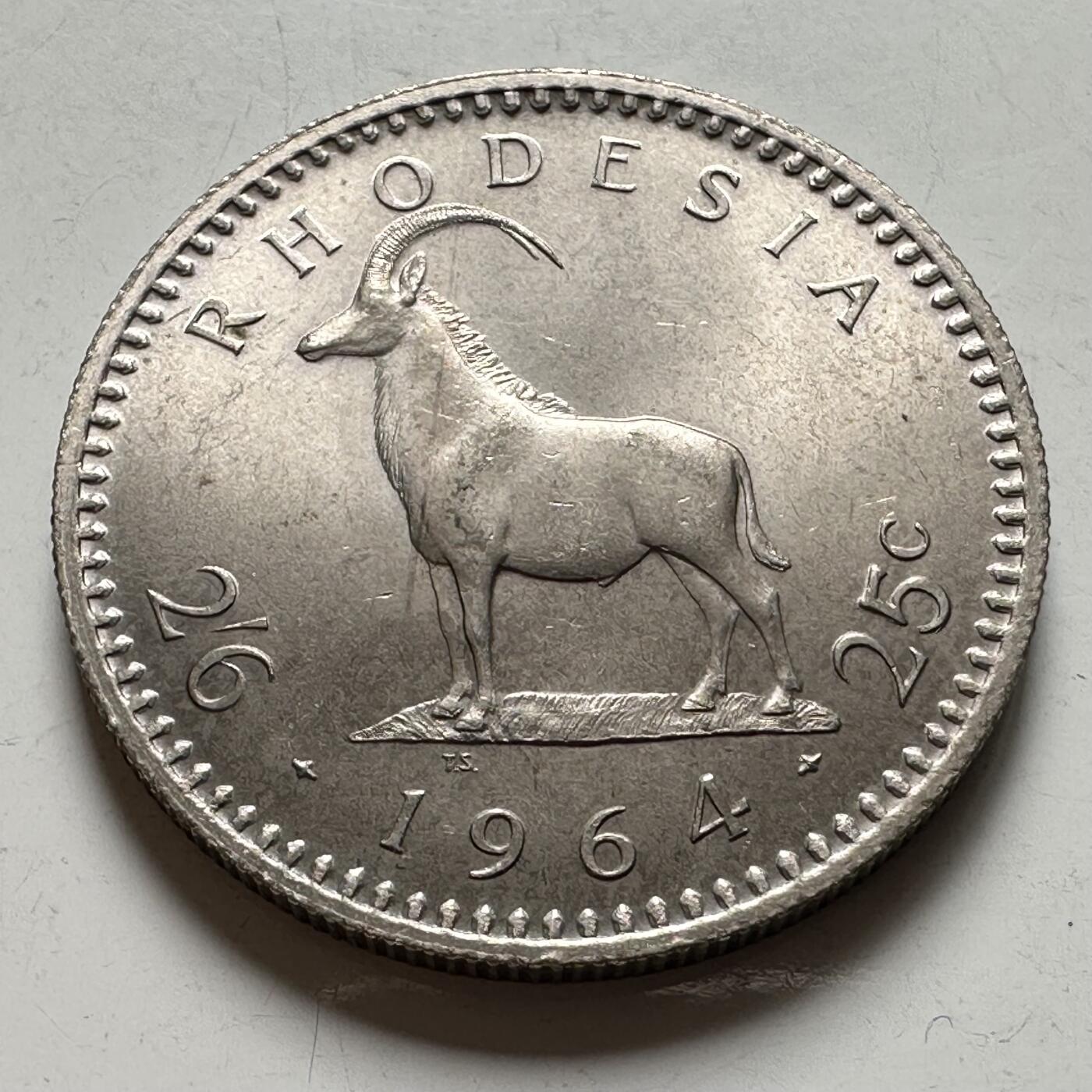 🌹外币初藏🌹🐯2026年第40场   每周二四六晚8️⃣点 世界钱币 罗得西亚 1964年 伊丽莎白二世 2先令6便士/25分 铜镍币 