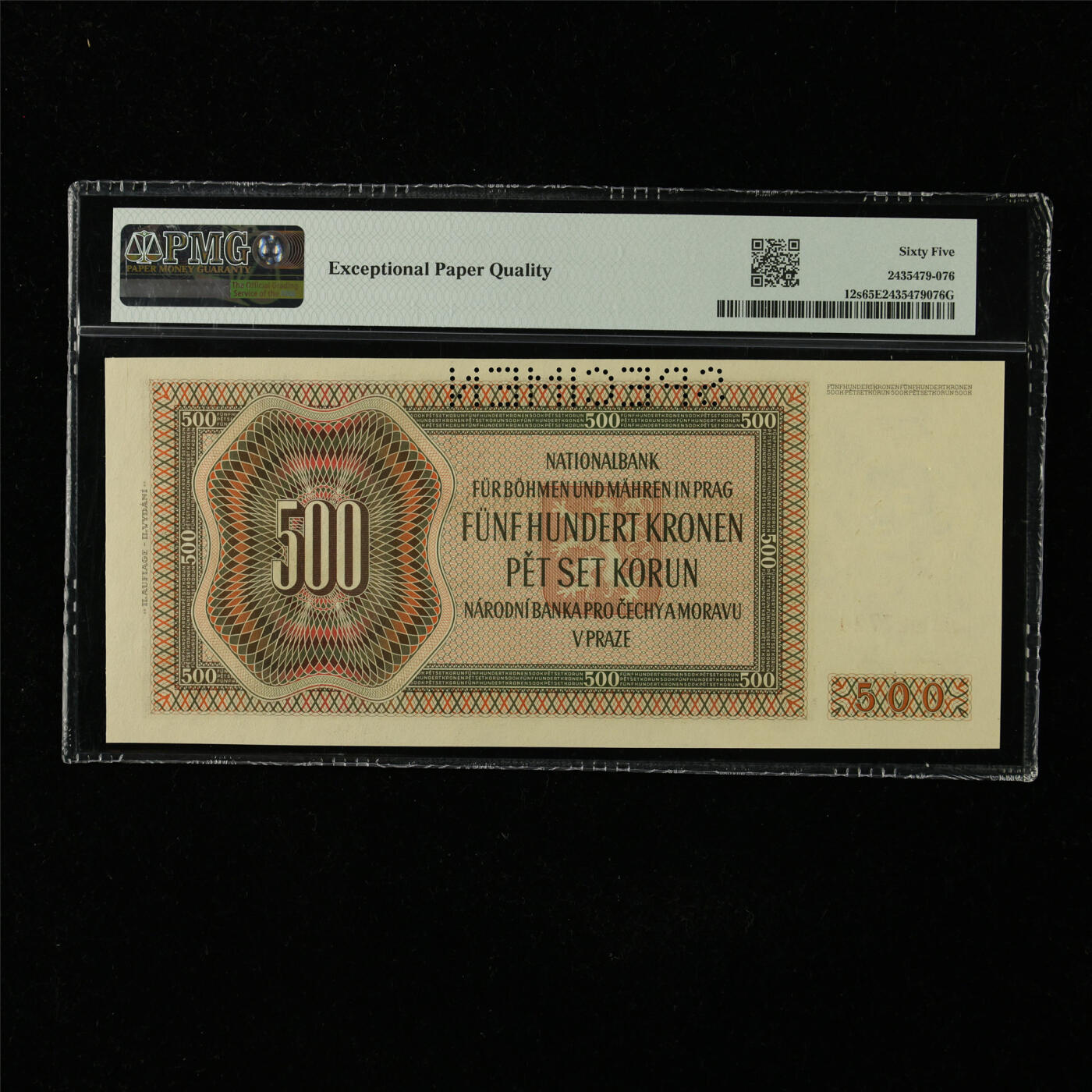 【亘邦集藏】第227期拍卖 1942年 波西米亚和摩拉维亚样钞500克朗 PMG 65EPQ JA927720