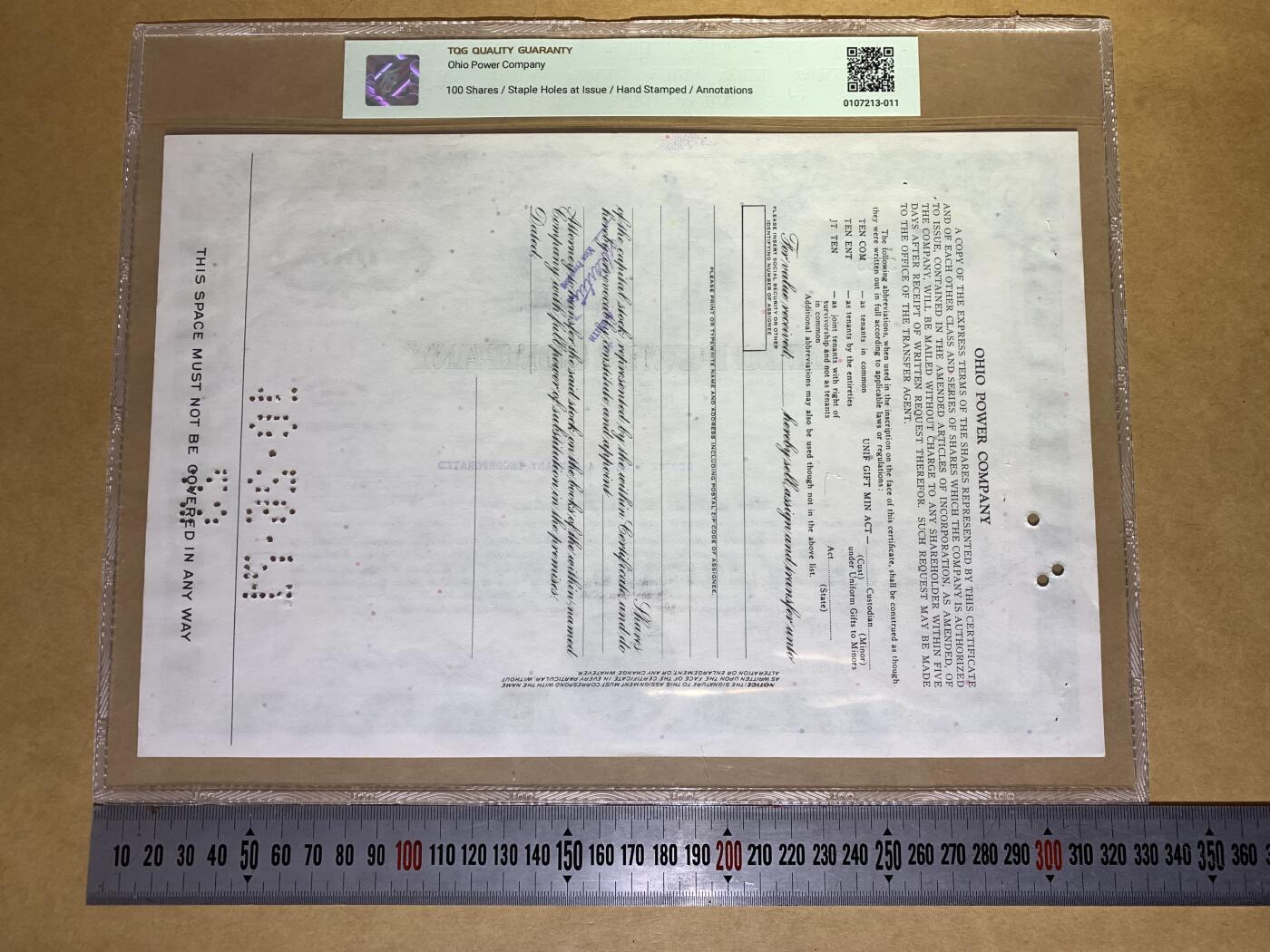 【礼羽收藏】🌏世界钱币拍卖第132期 【J3353】1971年美国俄亥俄电力公司7.60%累计优先股凭证，100股，J冠，无47尾353 永恒号，TQG64 评级