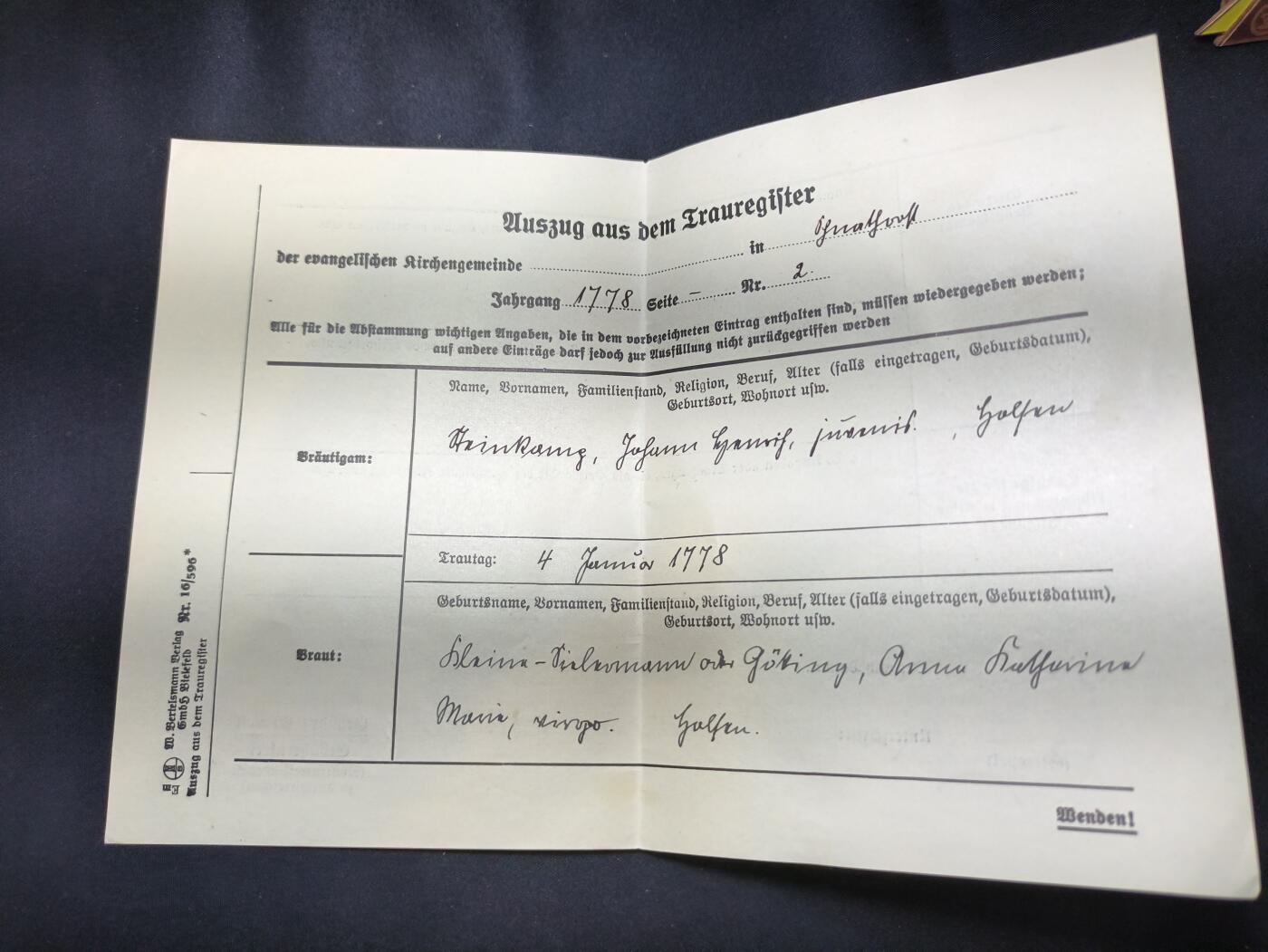 云宸嘉赏-勋臻佳藏四月精品甄选场次（低佣 一元一手） 德意志第三帝国 新教教会婚姻登记（1778 年登记的婚姻，1936 年是补办）