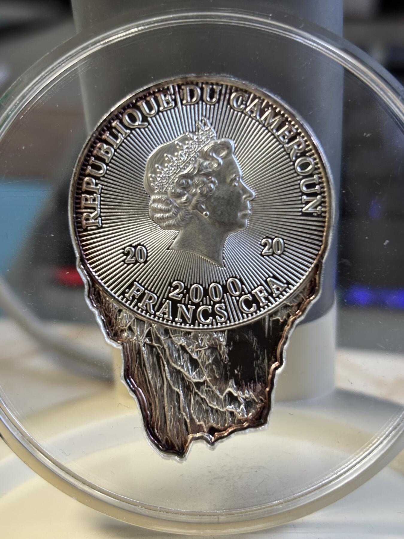 第197期拍卖 喀麦隆2020年世界地球日50周年异形彩色纪念银币，999银，发行2000枚，有氧化