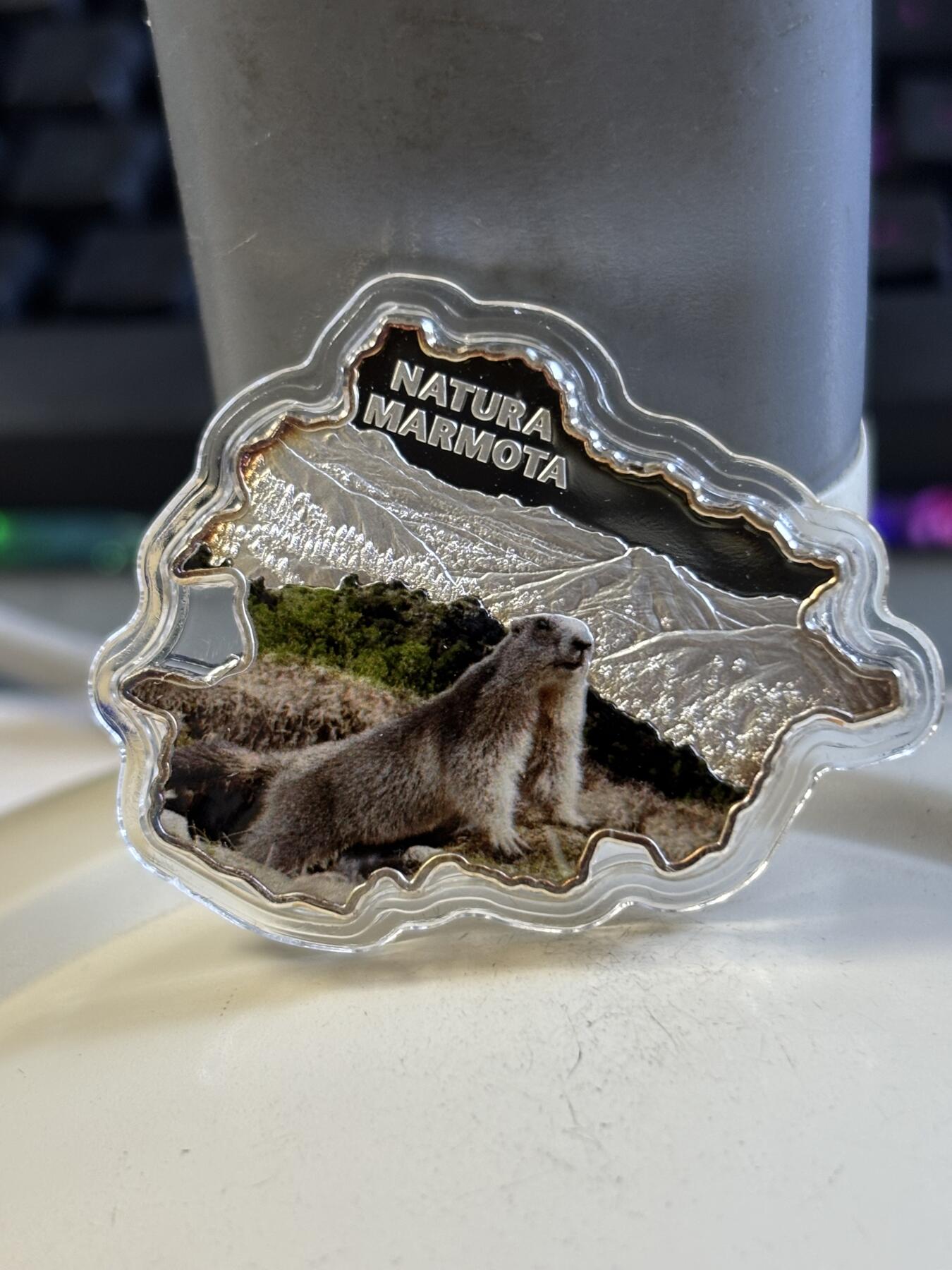 第197期拍卖 安道尔2013年自然宝藏系列旱獭地图形彩色银币，1盎司999银，发行3000枚，皮盒脱皮，银价584