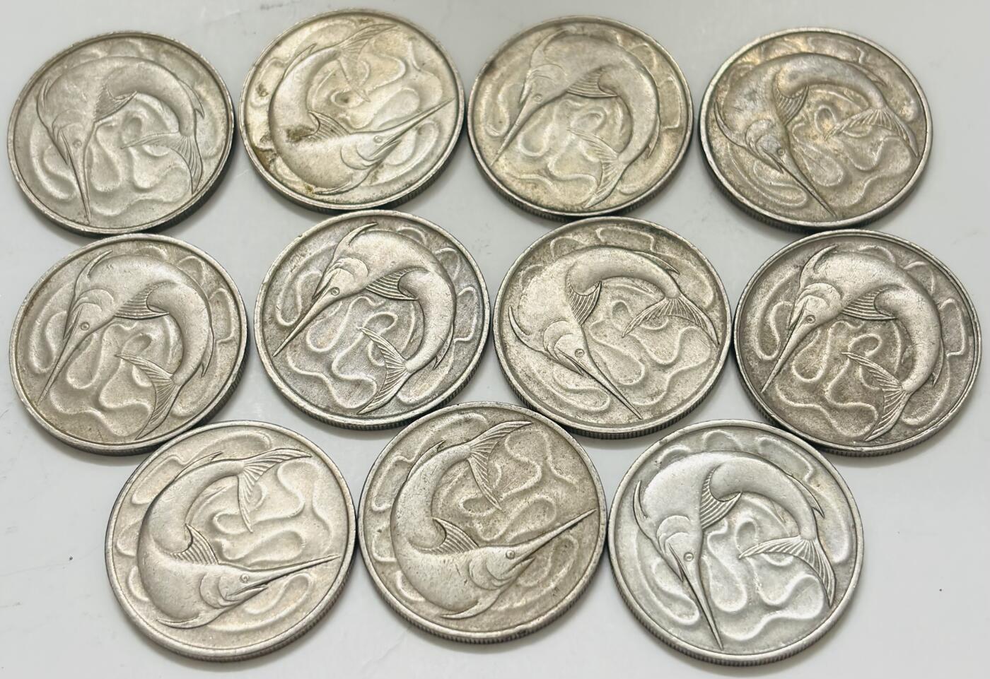 文馨钱币收藏第 299 场，长期接代拍业务 老版新加坡 1967-1981 年 20 分剑鱼 11 枚，2.2 新元