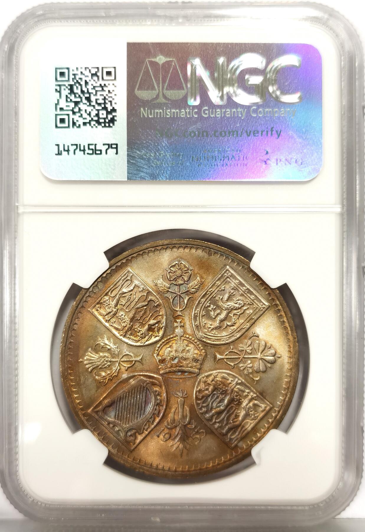 博洋堂世界钱币拍卖第168期（全场包邮） NGC MS65 英国1953年伊丽莎白二世登基纪念克朗，少见高分五彩