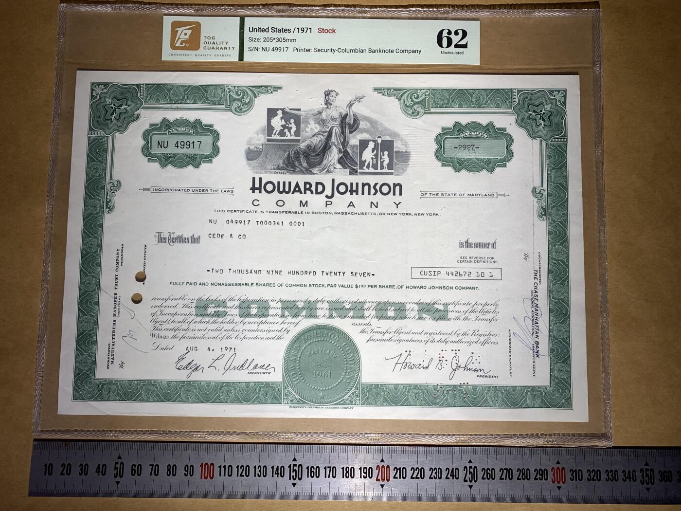 【礼羽收藏】🌏世界钱币拍卖第132期 【NU 49917】1971年美国霍华德·约翰逊公司2927股普通股凭证，每股面值1美元，NU冠，TGG62 UNC 评级