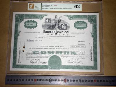 【礼羽收藏】🌏世界钱币拍卖第132期 - 【NU 49917】1971年美国霍华德·约翰逊公司2927股普通股凭证，每股面值1美元，NU冠，TGG62 UNC 评级
