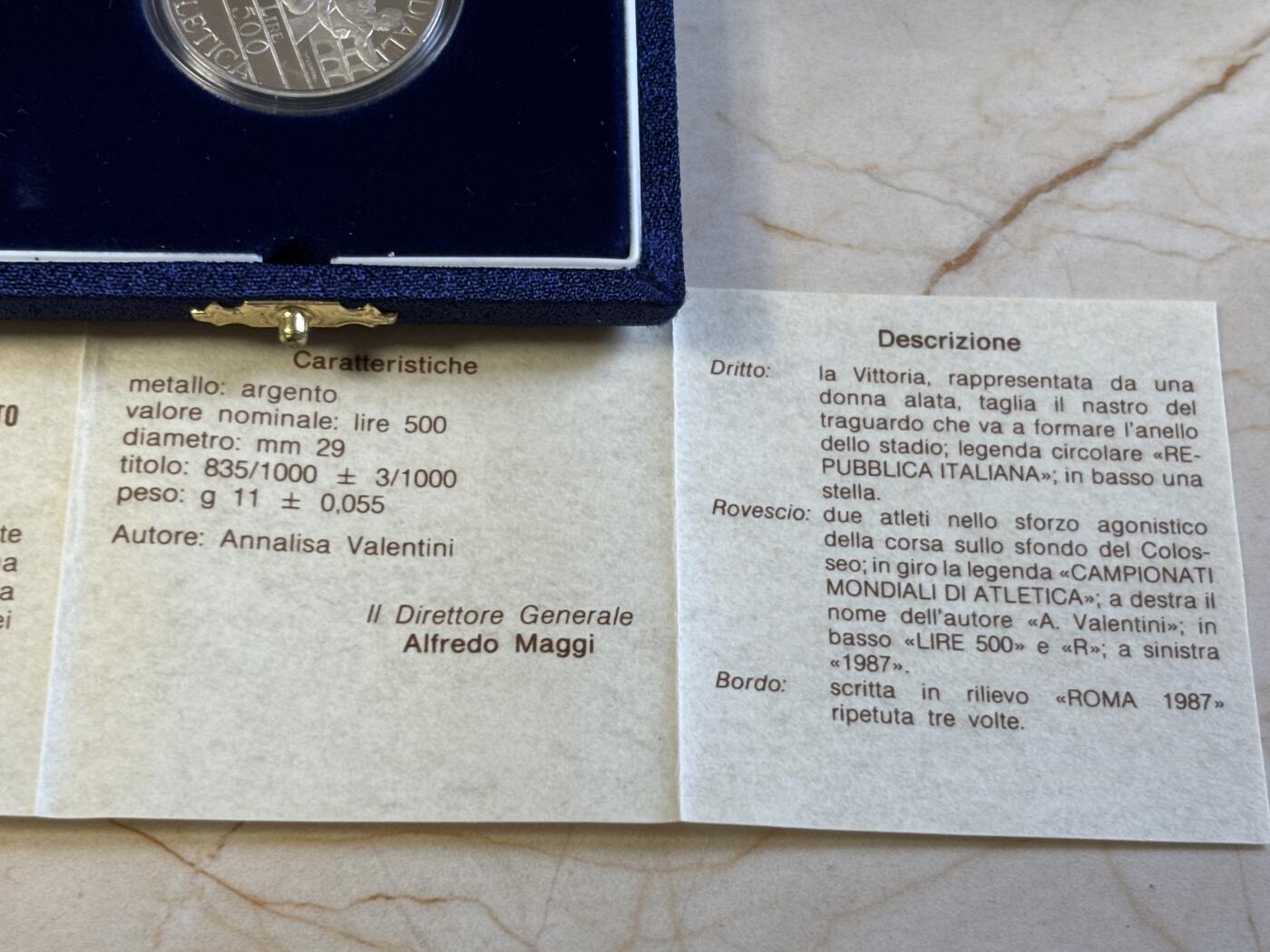 第197期拍卖 意大利1987年世界田径锦标赛罗马站磨砂纪念银币，835银，11克，