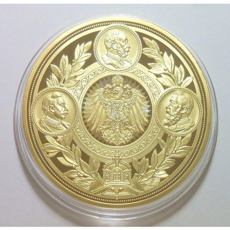 【艺术】德国艺术大章 威廉二世+三皇之年+鹰徽 高浮雕精制彩色超大镀金章70MM 121克