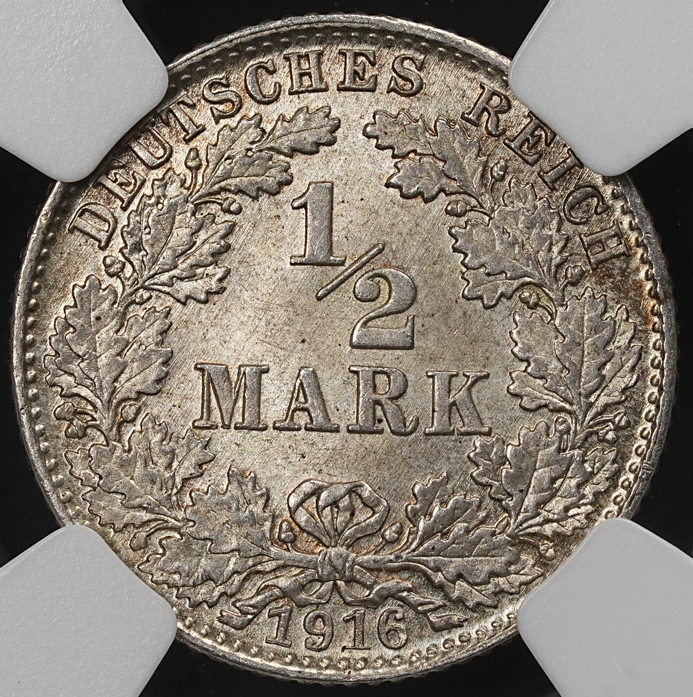 修遠堂世界钱币第111期 NGC MS66 1916年德国1/2马克银币 D厂铭