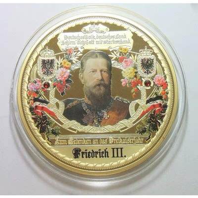 【艺术】德国艺术大章 腓特烈三世+三皇之年+鹰徽 高浮雕精制彩色超大镀金章 70MM 120克 - 【艺术】德国艺术大章 腓特烈三世+三皇之年+鹰徽 高浮雕精制彩色超大镀金章 70MM 120克