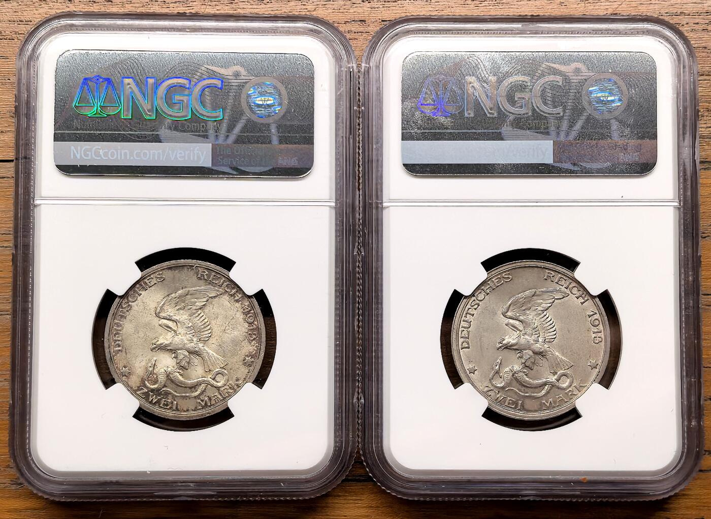 凡希社世界钱币微拍第三百二十二期 1913德国普鲁士击败拿破仑2马克一对NGC-MS62/63