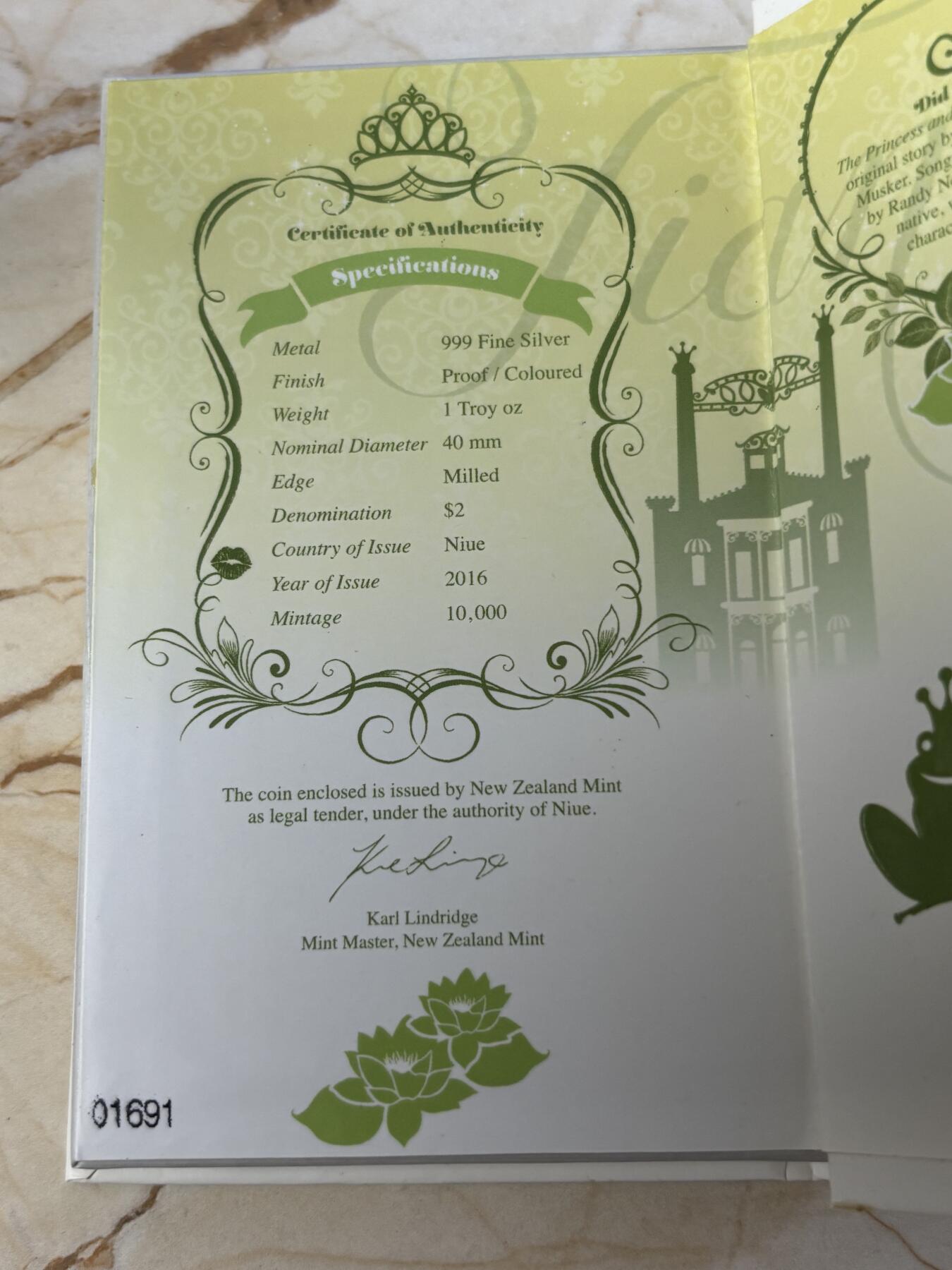 第197期拍卖 纽埃2016年迪斯尼公主系列青蛙公主1盎司彩银币，999银，发行10000枚