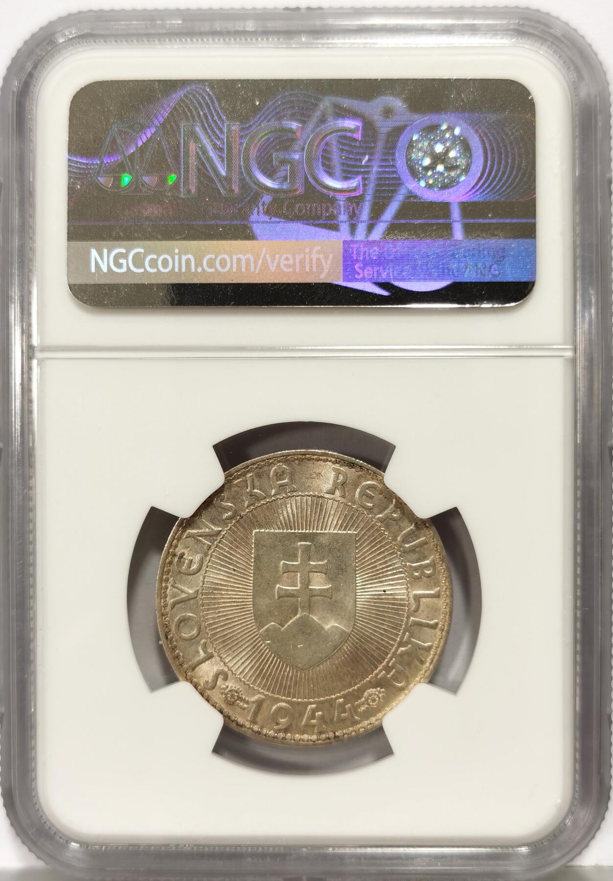 博洋堂世界钱币拍卖第168期（全场包邮） NGC MS63 斯洛伐克1944年10克朗银币，五彩原光好品，极美状态。