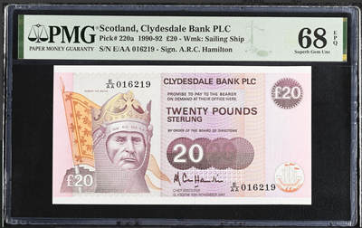 【礼羽收藏】🌏世界钱币拍卖第132期 - 【E/AA】苏格兰20镑 罗伯特布鲁斯 1990年初版 首发冠  非常稀缺，难得一见 无3457靓号 PMG68超高分，冠军69不一定首发