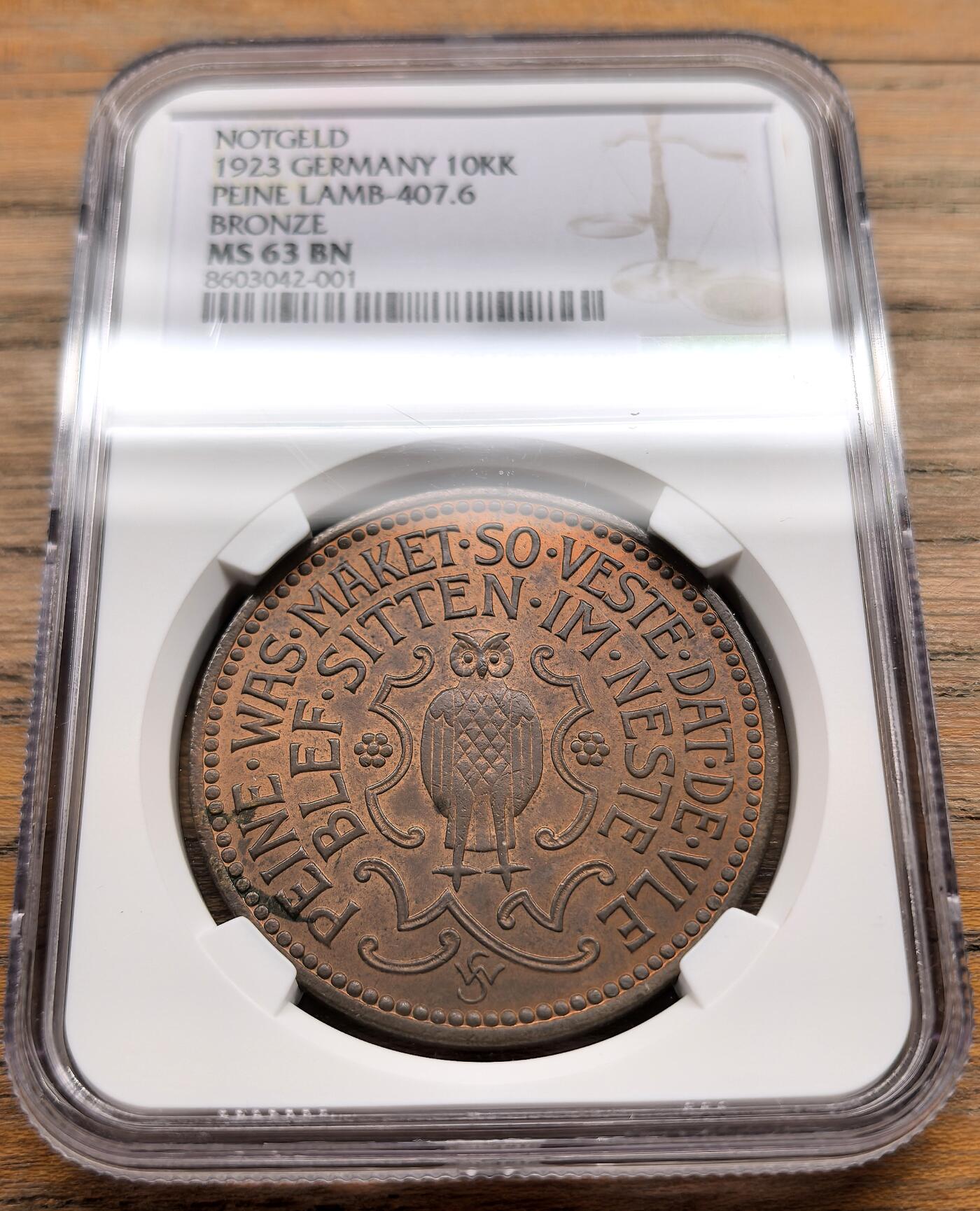 凡希社世界钱币微拍第三百二十二期 1923德紧佩恩猫头鹰10000K铜币NGC-MS63