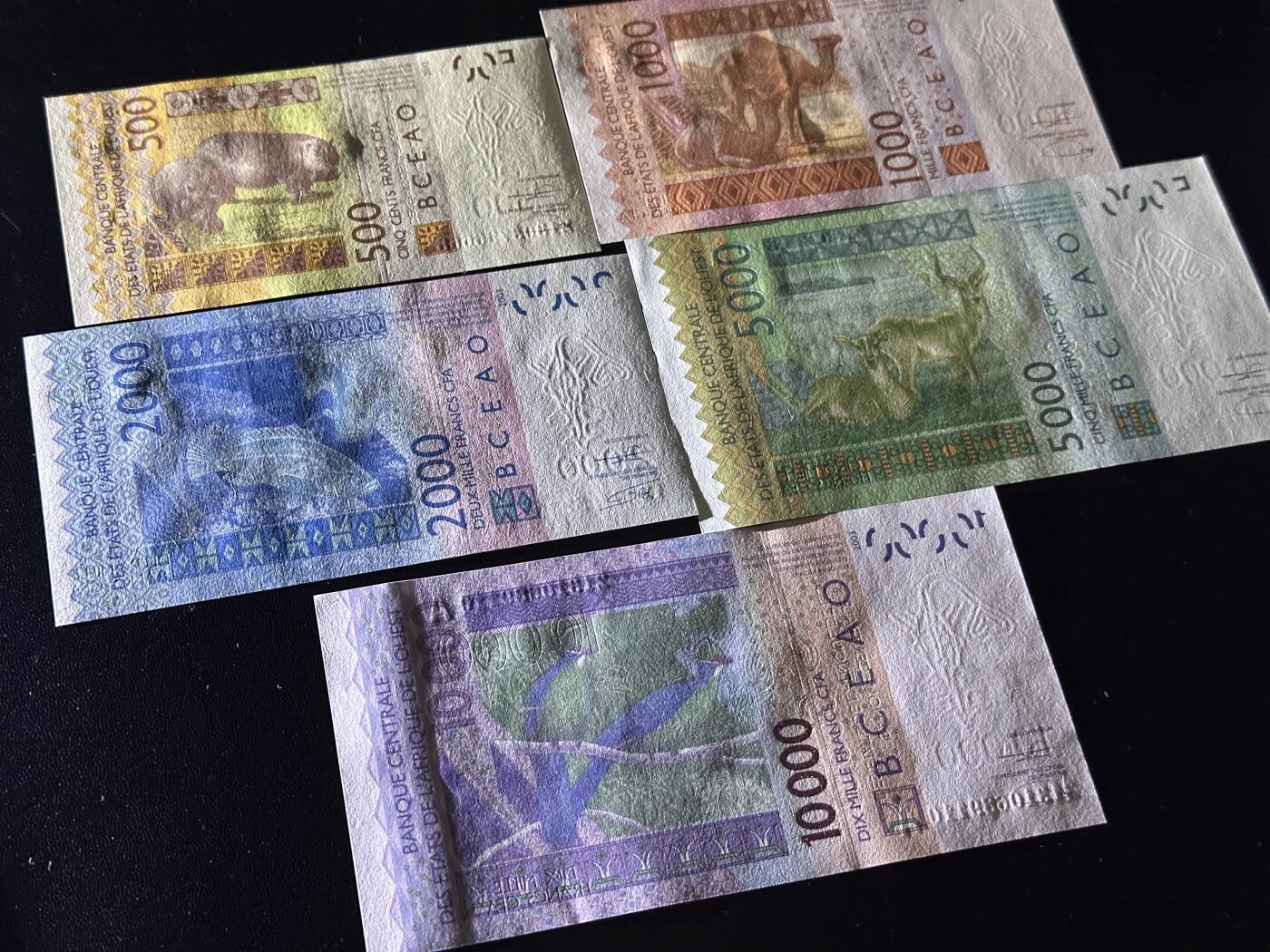 《外钞收藏家》第六百二十六期（精品场）（长期征集拍品、欢迎藏友们联系合作） 西非共同体5张一套（500-1万法郎，A字母 科特迪瓦；有多张全程无47）	UNC