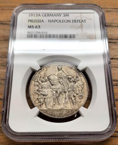 凡希社世界钱币微拍第三百二十二期 - 1913A德国普鲁士击败拿破仑3马克纪念银币NGC-MS63