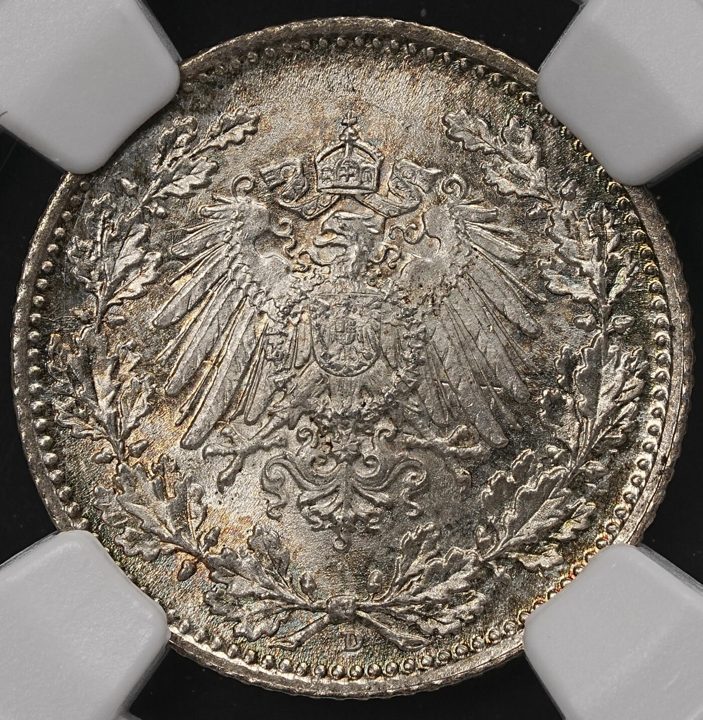 修遠堂世界钱币第111期 NGC MS67 1918年德国1/2马克银币 D厂铭