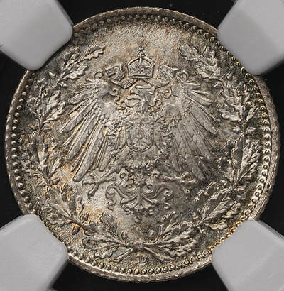 修遠堂世界钱币第111期 - NGC MS67 1918年德国1/2马克银币 D厂铭
