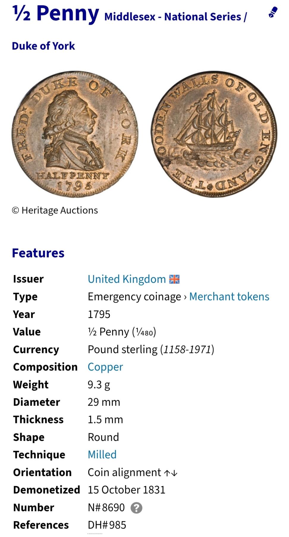 2026年第四十三场(总第二百一十二场）外国好品散币场(免佣金) 英国🇬🇧1795年1/2便士代币(原米德尔塞克斯郡现伦敦，约克公爵主题代币)