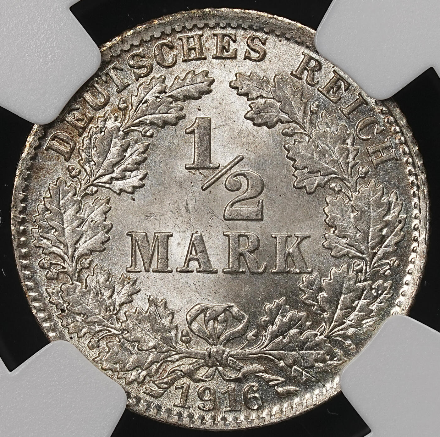 修遠堂世界钱币第111期 NGC MS67 1916年德国1/2马克银币 D厂铭