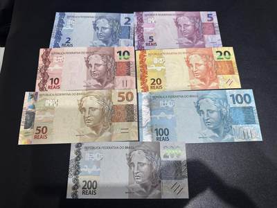《外钞收藏家》第六百二十六期（精品场）（长期征集拍品、欢迎藏友们联系合作） - 巴西新版2-200雷亚尔7张一套（5与200是AA字冠，有多张号码不错）	UNC