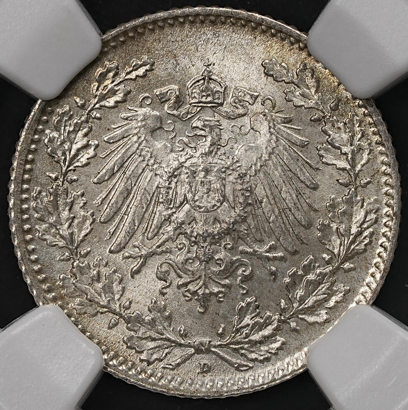 修遠堂世界钱币第111期 NGC MS66 1916年德国1/2马克银币 D厂铭