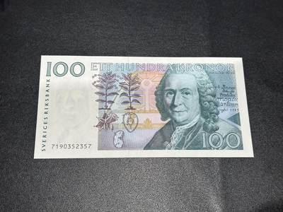 《外钞收藏家》第六百二十六期（精品场）（长期征集拍品、欢迎藏友们联系合作） - 瑞典87版 初版100克朗 全新 边上轻微荧光反应