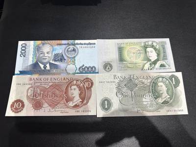 《外钞收藏家》第六百二十六期（精品场）（长期征集拍品、欢迎藏友们联系合作） - 老挝2000+英国D序列1镑+C序列10先令和1镑 4张一起 全新UNC