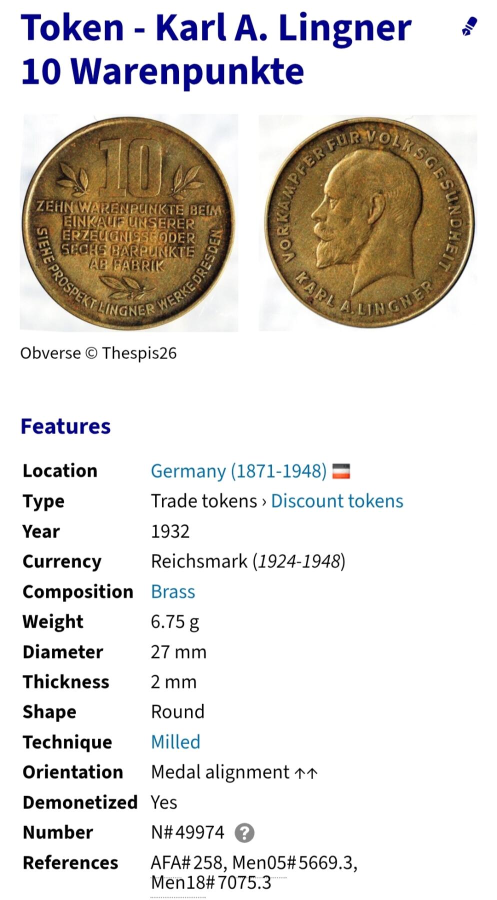 2026年第四十三场(总第二百一十二场）外国好品散币场(免佣金) 少见–德意志魏玛共和国1932年10商品积分代币(为纪念德国企业家、慈善家、口腔护理品牌 Odol（欧度） 创始人- 卡尔·奥古斯特·林格纳70寿辰发行)