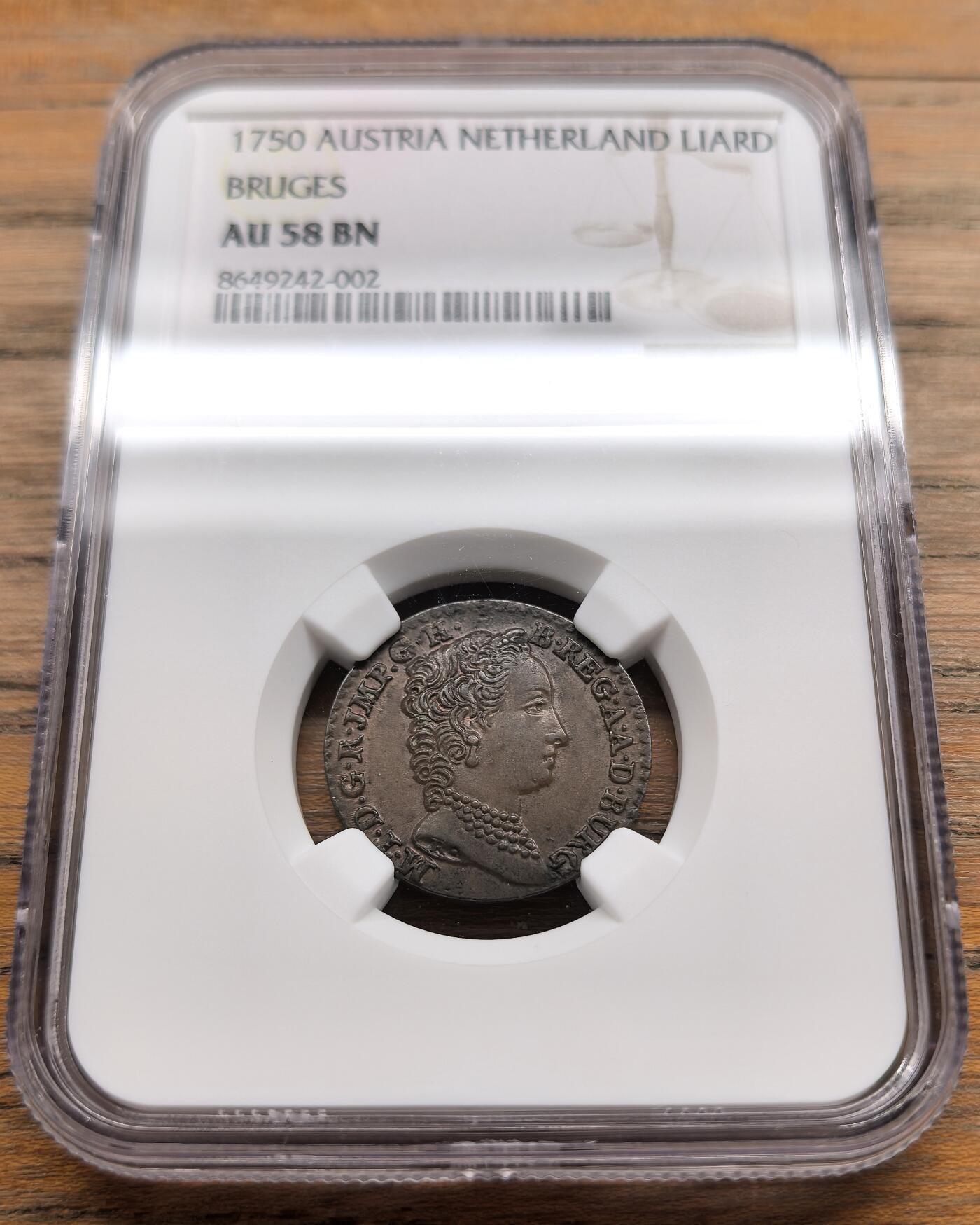 凡希社世界钱币微拍第三百二十二期 1750奥属尼德兰Liard铜币NGC-AU58，布鲁日厂版。