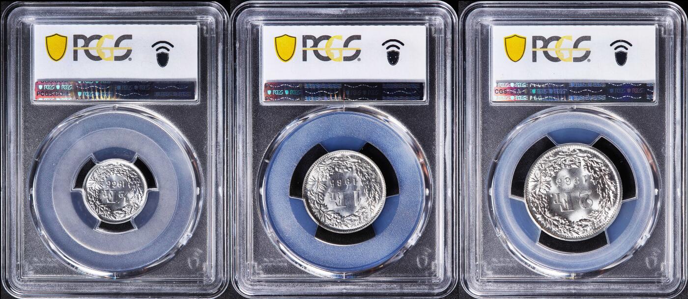 【俄甄集藏】满园春色-2026年(051)04-22星期三 晚 19:30 全场包邮 瑞士1965-1966年1/2、1、2法郎银币高分3枚一组，PCGS MS67，顶级转光品相