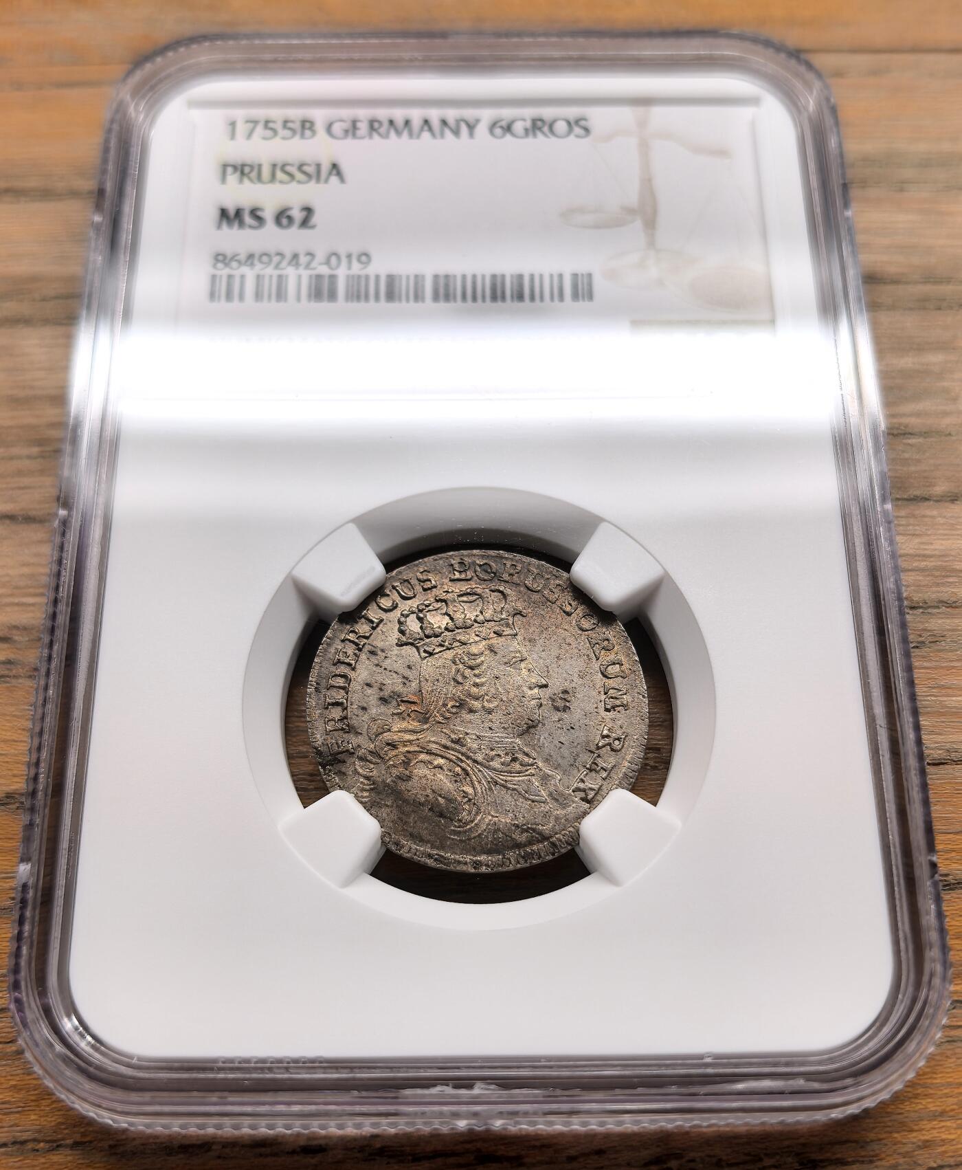 凡希社世界钱币微拍第三百二十二期 1755普鲁士王国腓特烈大帝6Gro银币NGC-MS62