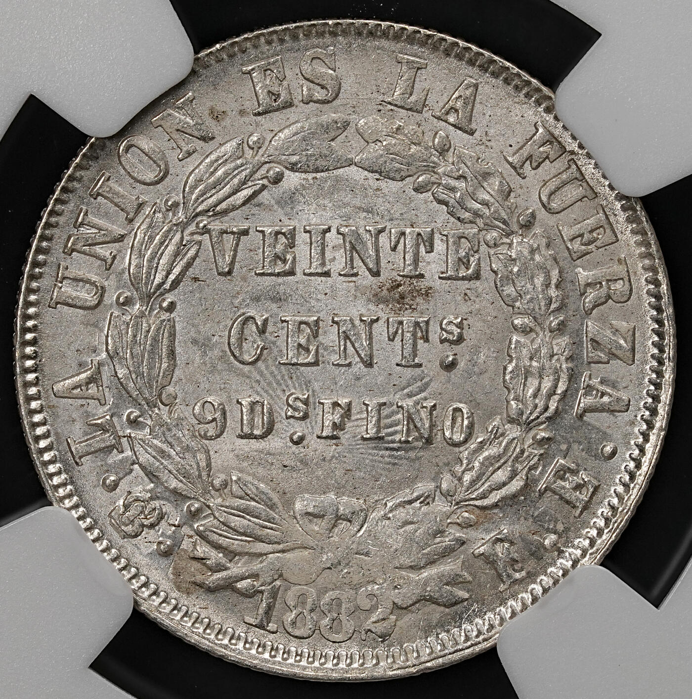 修遠堂世界钱币第111期 NGC MS64 1882年玻利维亚20分银币 少见状态 外网成交价150美金以上