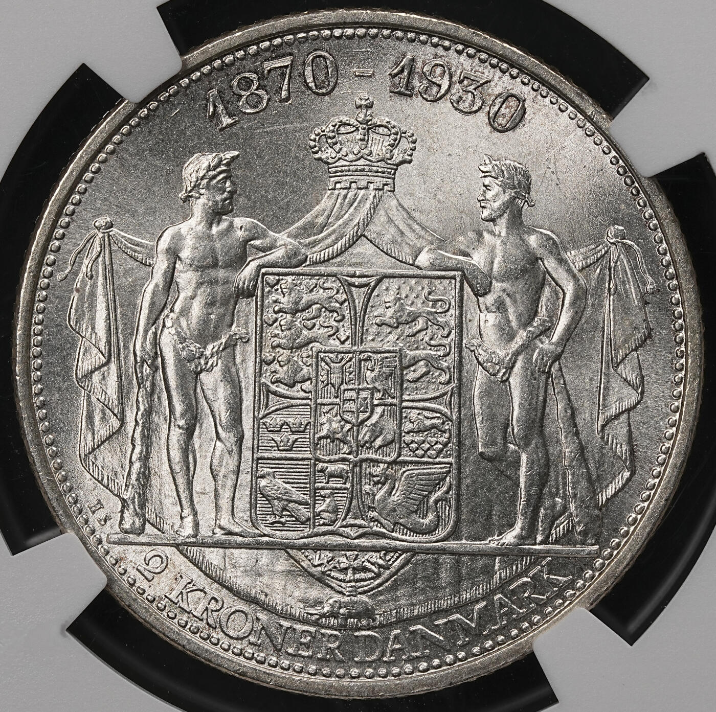 修遠堂世界钱币第111期 NGC MS66 1930年丹麦国王60大寿纪念2克朗银币
