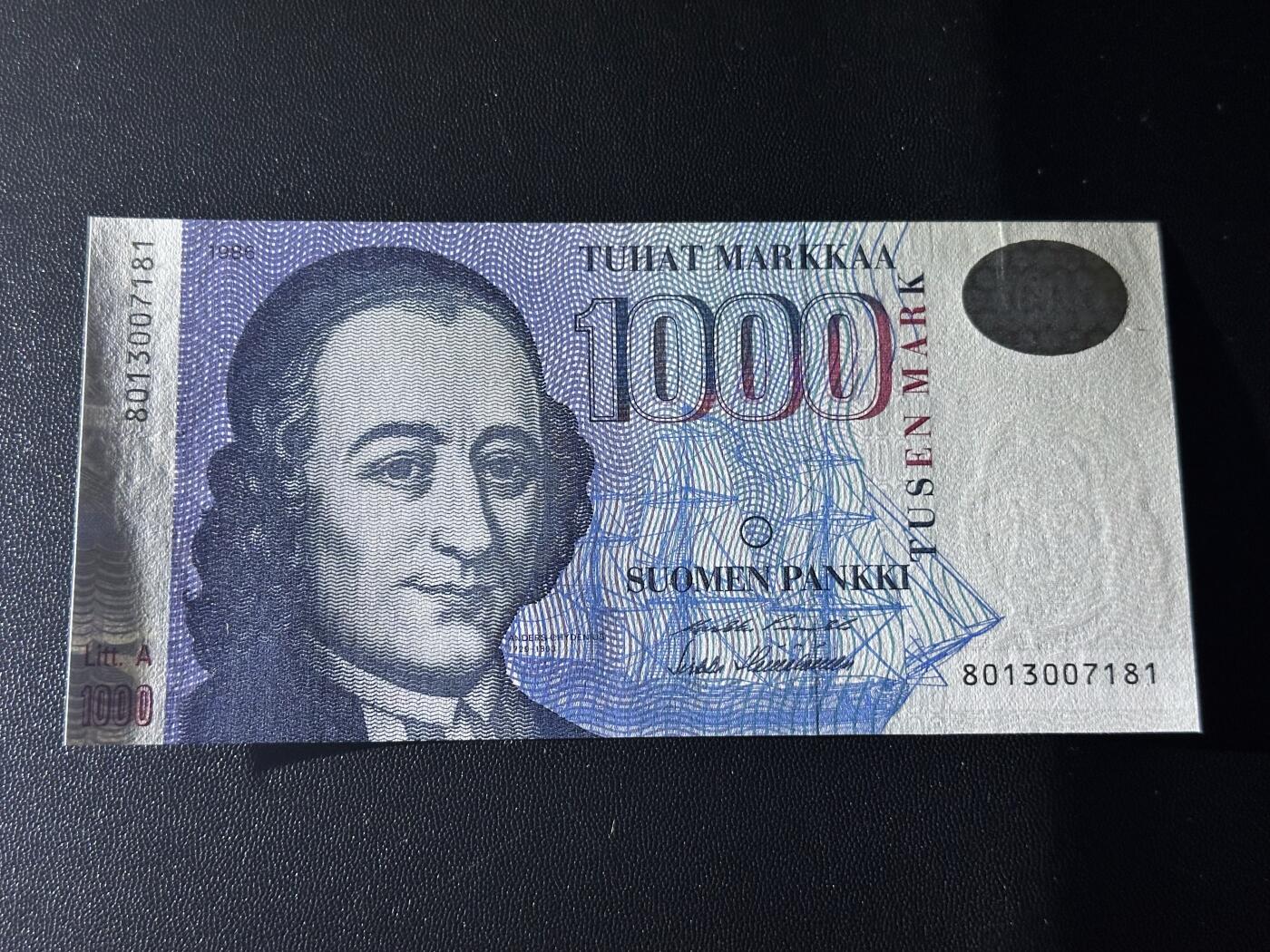 《外钞收藏家》第六百二十六期（精品场）（长期征集拍品、欢迎藏友们联系合作） 1986年芬兰1000克朗 全新 全息膜处一个轻微瑕疵